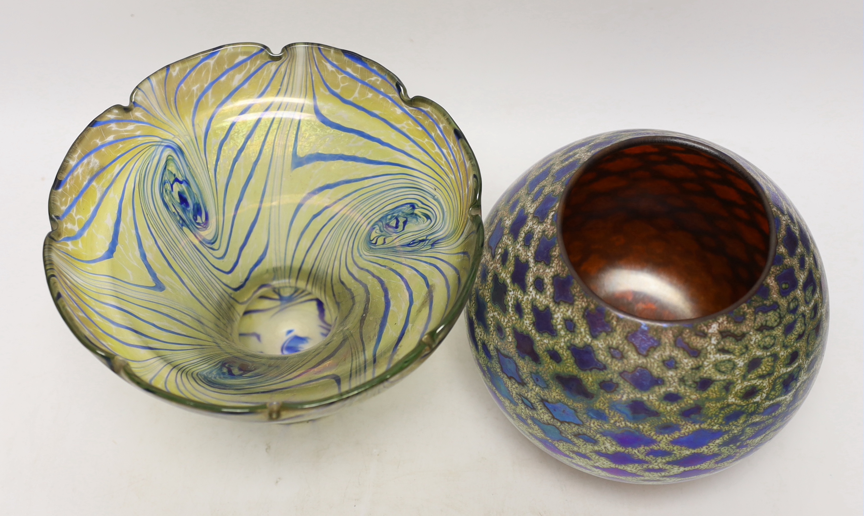 A Kosta Boda iridescent glass vase and a Loetz style trumpet vase, trumpet vase 15cm high